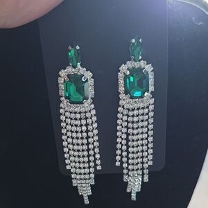 Source Unknown Green Crystal Fringe Drop Earrings